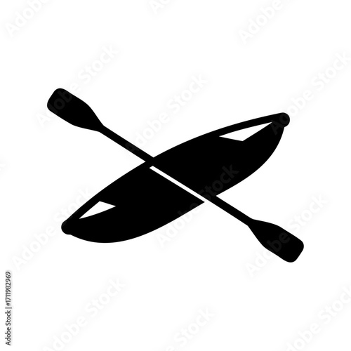 Black silhouette illustration of a kayak with a paddle on a white background