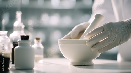 Scientist preparing a mixture with mortar and pestle in a laboratory with bottles in the background