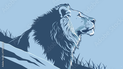 Stylized Lion Portrait Majestic Big Cat Blue Color Palette Wildlife Art Animal Illustration Profile View Graphic Design Element.
