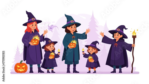 Witches and Magic: A gathering of friendly witches with a warm smile, accompanied by festive jack-o'-lanterns and a forest scene creating an engaging and exciting visual experience. 
