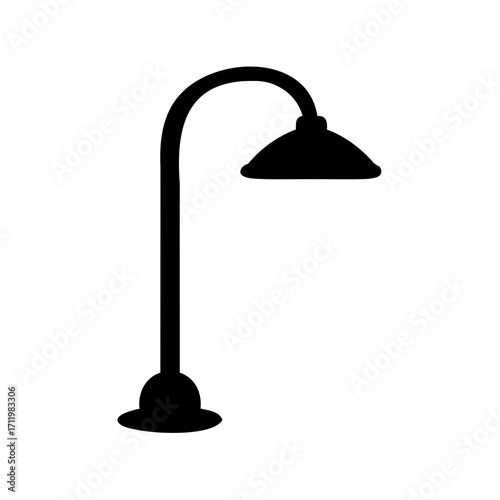 Silhouette of a street lamp with a curved pole and flared base