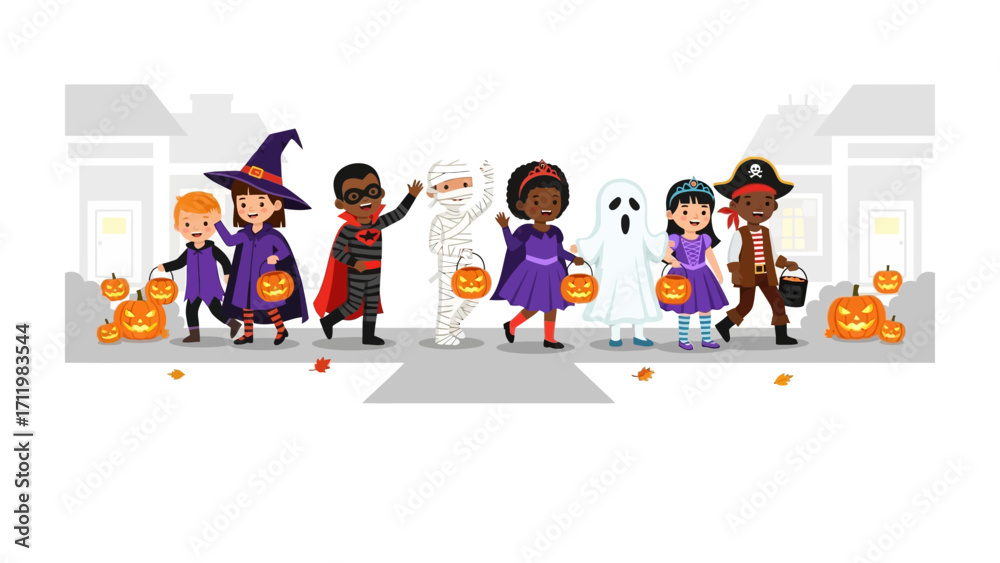 Fototapeta premium Halloween Costume Parade: A colorful illustration of children dressed in various Halloween costumes, ready for trick-or-treating on a charming, suburban street.
