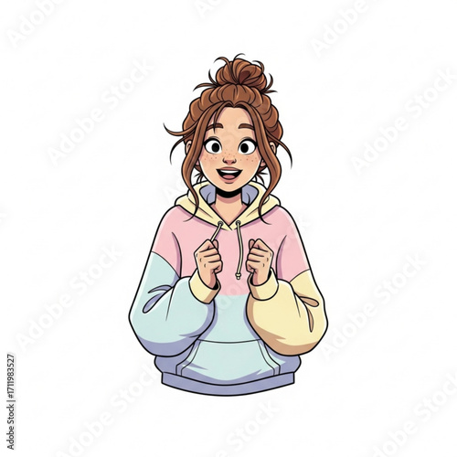 Illustration of young girl with messy bun and hoodie