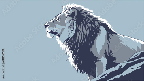 Stylized Profile of a Majestic Lion Wildlife Art Blue Tones Animal Illustration.