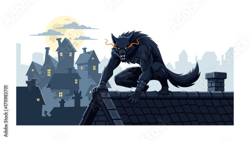 Lunar Sentinel: A formidable werewolf, poised on a rooftop beneath the eerie glow of the moon, embodies the chilling allure of myth and shadow.