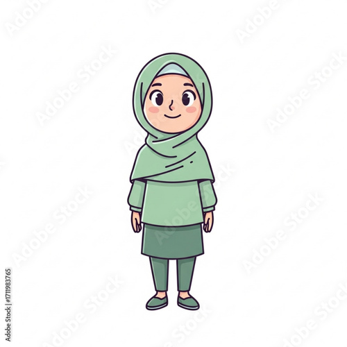Illustration of cute cartoon girl wearing a green hijab and modest clothing
