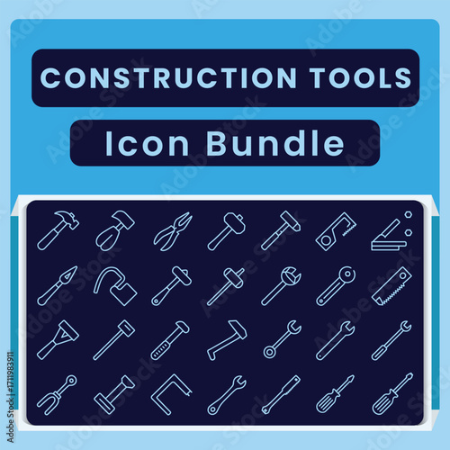 Construction tools icon bundle with hammers wrenches pliers and saws vector