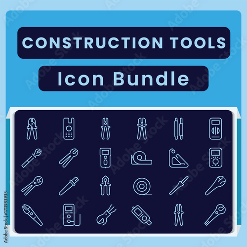 Construction tools icon bundle with pliers wrenches and measuring devices vector