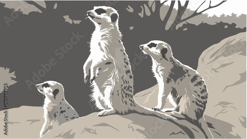 Three meerkats standing alert on a rock stylized illustration in grayscale tones.