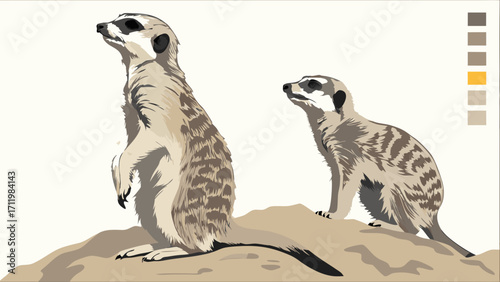 Two meerkats standing alert on a mound wildlife illustration stylized animal art.