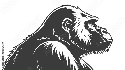 Vintage Gorilla Head Profile Black and White Illustration Ape Portrait Wildlife Graphic Strong Animal Image Primate Design Vector Art Monochrome Illustration Mammal Headshot Powerful Ani.