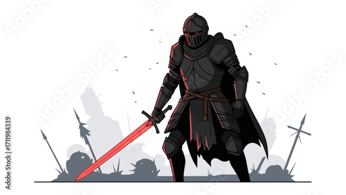 Knight of Valor: A resolute knight, clad in formidable armor and wielding a glowing sword, stands amidst the remnants of a battlefield, a symbol of courage.