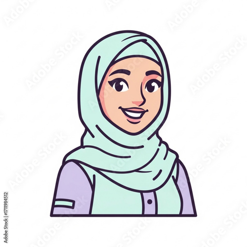Illustration of a smiling woman wearing a light blue hijab