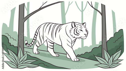 White Tiger Walking Through a Forest Path.