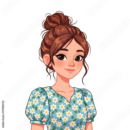 Illustration of young woman with brown hair in a bun, wearing a floral dress