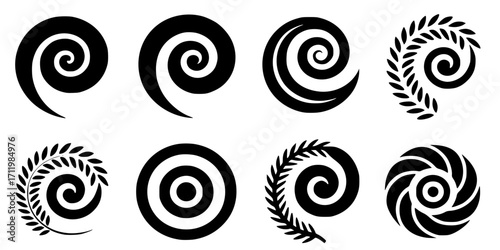 “Maori Koru Spiral Symbol Vector Set – 8 Black Silhouette Icons, Traditional New Zealand Maori Art, Sharp Edges, Scalable Illustration”