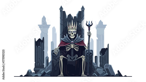 Skeletal Majesty: A pixelated king skeleton, clad in regal attire, commands from a crumbling throne, embodying themes of mortality, power, and the remnants of a forgotten reign.
