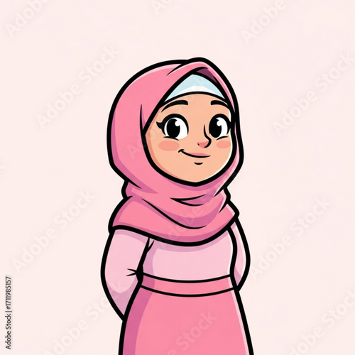 Illustration of cute cartoon girl wearing a pink hijab and dress, smiling