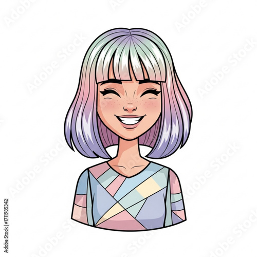 Illustration of young woman with colorful bob haircut and geometric pattern shirt