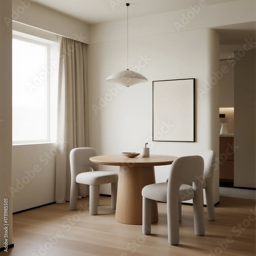 Minimalist Dining Room with Round Wooden Table and Soft Light