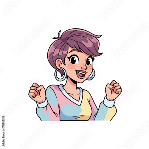 Illustration of happy young woman with short purple hair and colorful sweater