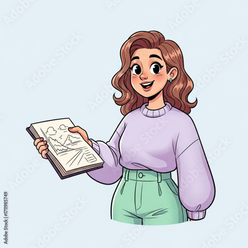 Illustration of young woman artist holding a sketchbook with landscape drawing