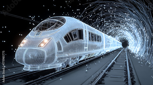 Fototapeta Naklejka Na Ścianę i Meble -  A futuristic high-speed train rendered as a glowing wireframe, moving through a digital tunnel of light particles, symbolizing advanced technology and connectivity.
