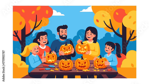 Family Carving Pumpkins: A heartwarming family scene where parents and children come together outdoors, laughing as they carve pumpkins.