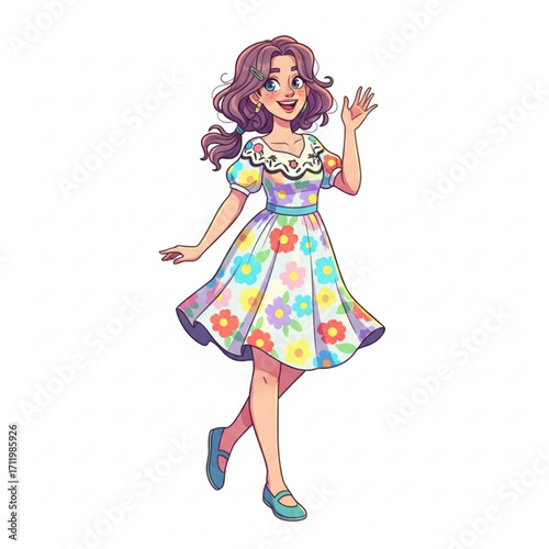 Illustration of a cheerful young woman in a colorful floral dress waving hello