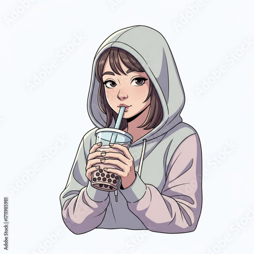 Illustration of young woman in hoodie drinking bubble tea