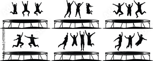 Silhouettes of people jumping on trampolines, group fun activity, outdoor exercise, fitness, active lifestyle, recreation, children and adults, healthy living, dynamic movement, joyful moments.