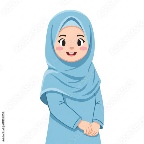 Illustration of smiling young muslim girl wearing a light blue hijab and dress