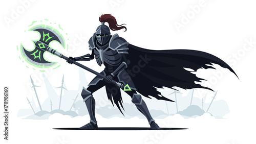 Shadow Knight: A formidable warrior clad in dark armor, stands ready with a glowing battle axe, embodying strength and determination in a visually stunning illustration.