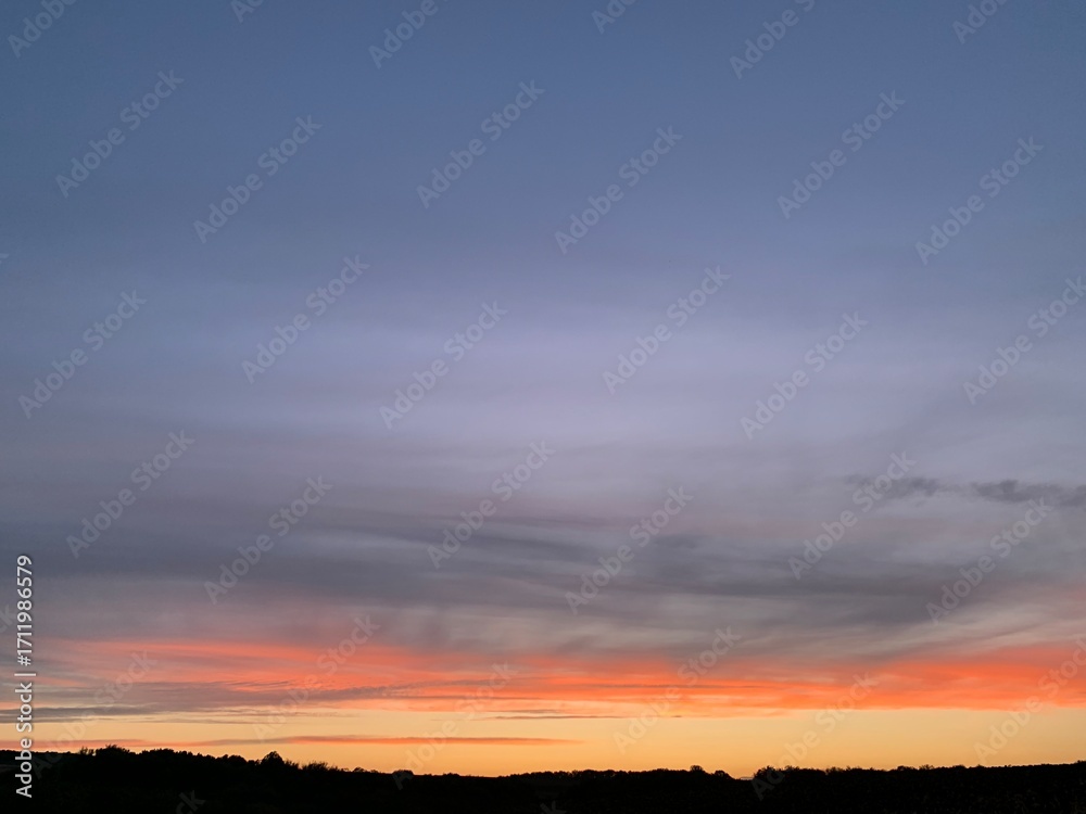 Fototapeta premium Beautiful colorful sunset sky with vibrant orange and purple clouds above dark forest silhouette