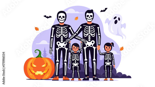 Spooky Family Halloween: A digitally crafted illustration depicts a gay couple with their kids costumed in skeleton, posing cheerfully with halloween decor. 