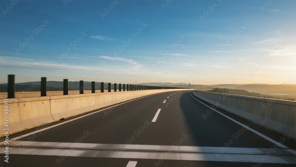 Fototapeta premium Smooth asphalt road under clear blue sky with barriers