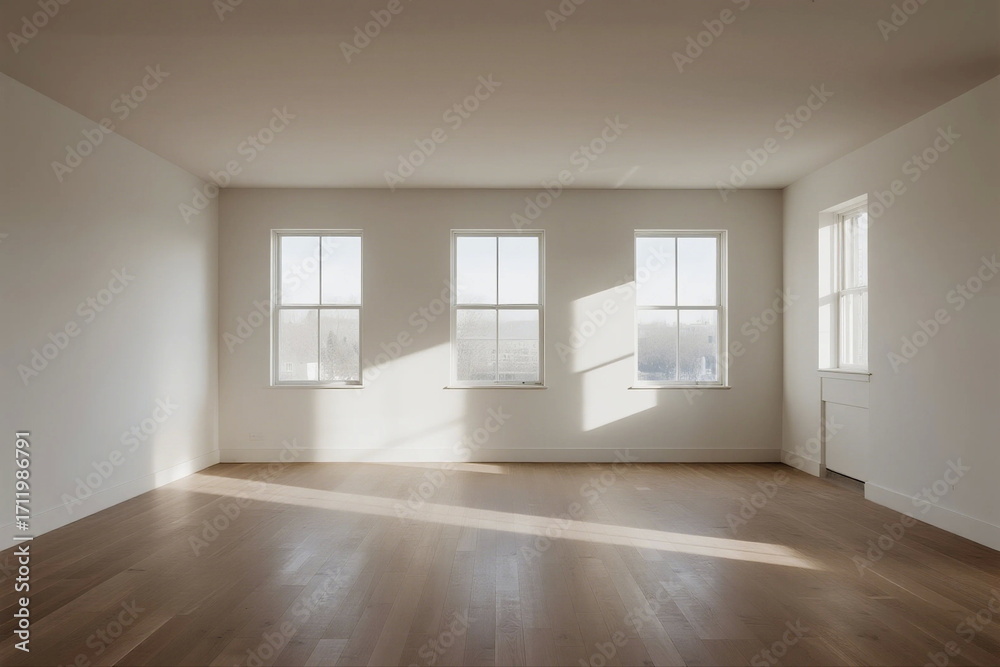 Fototapeta premium Empty room with three windows and wooden floor