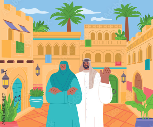 Flat Hand-Drawn Modern Cartoon Art of Arabian Architecture with Arab Couple