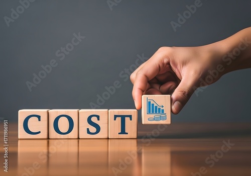 Hand placing cost reduction block with downward graph on wooden table against gray background