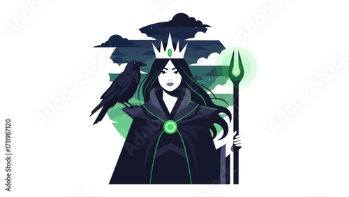 Mysterious Queen: A regal and enigmatic queen, cloaked in shadow, is a dark fantasy illustration with a watchful raven perched upon her shoulder, holding a glowing staff.