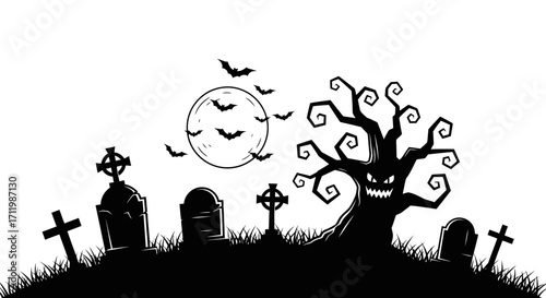 Monstrous haunted tree with glowing eyes in a creepy cemetery under a full moon with bats