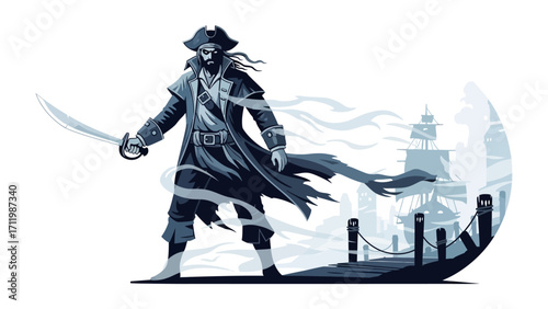 Whispers of the Sea: A formidable pirate, sword raised, stands defiantly against a stylized maritime backdrop. The digital artwork depicts a bold pirate of the high seas