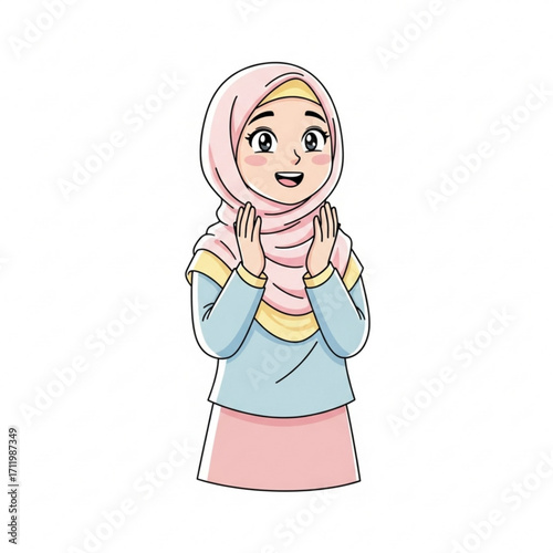 Illustration of young muslim girl wearing hijab and smiling
