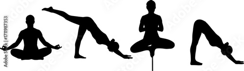 silhouette yoga postures in black shape monochrome color vector on white background