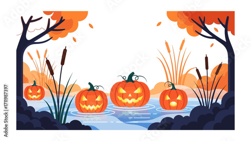 Spooky Pumpkins: A captivating cartoon depicts grinning jack-o'-lanterns floating upon a serene lake, with silhouette of the surrounding woods, a perfect seasonal image.