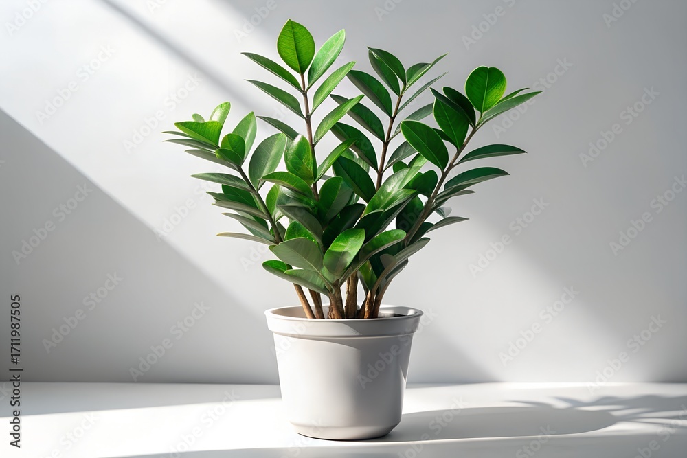 Fototapeta premium Zamioculcas Zamiifolia Plant in Pot with Sunlight and Shadow