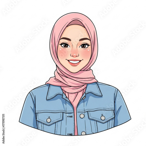 Illustration of young muslim woman wearing a pink hijab and denim jacket