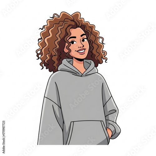 Illustration of young woman with curly hair wearing a gray hoodie