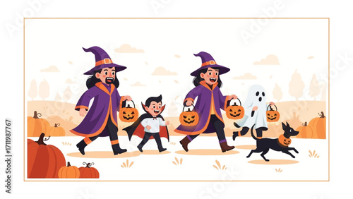 Halloween Trick-or-Treaters: A joyous family and their ghostly companion venture forth on a charming Halloween adventure, eagerly anticipating the evening's sweet rewards