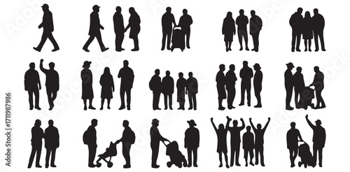 Crowd of diverse people silhouettes in various poses and groupings, including families, individuals, and friends, isolated on a white background.

